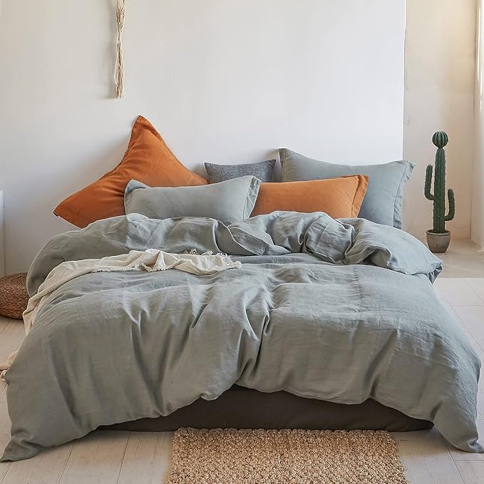 Simple&Opulence 100% Linen Duvet Cover Set 3pcs Basic Style Natural French Washed Flax Solid Color Soft Breathable Farmhouse Bedding with Button Closure - Ultimate Grey, Full