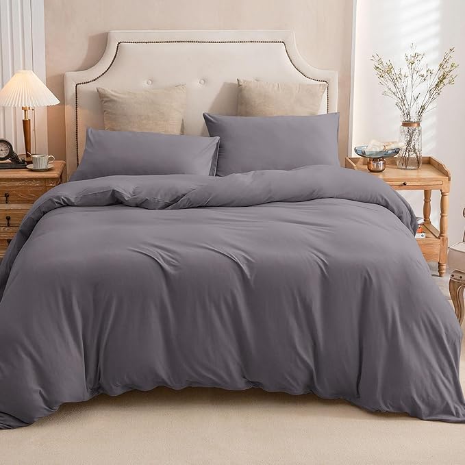 PURE ERA Jersey Knit Duvet Cover Set 100% T-Shirt Cotton Super Soft Comfy 3pc Bedding Set with Zipper Closure (Solid Grey Purple, King, 104'' x 90'')