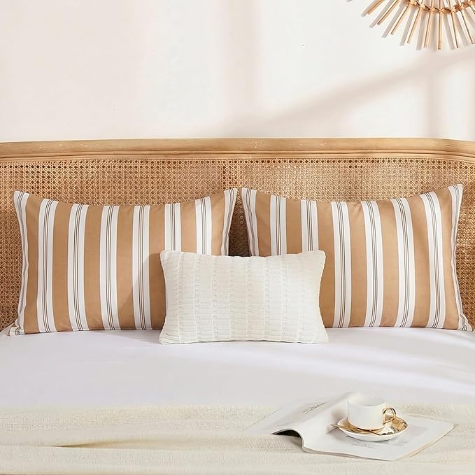 Merryword Khaki Striped Pillowcases, 100% Cotton Pillow Cases, Standard Size Pillowcases, Luxury Linen Like Pillowcase, Soft Breathable Stripe Pillow Covers, Set of 2