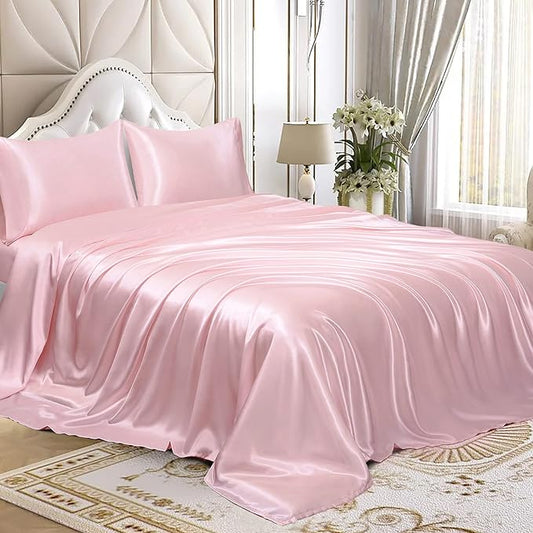 Homiest 4pcs Satin Sheets Set Luxury Silky Satin Bedding Set with Deep Pocket, 1 Fitted Sheet + 1 Flat Sheet + 2 Pillowcases (Cal King Size, Blush Pink)