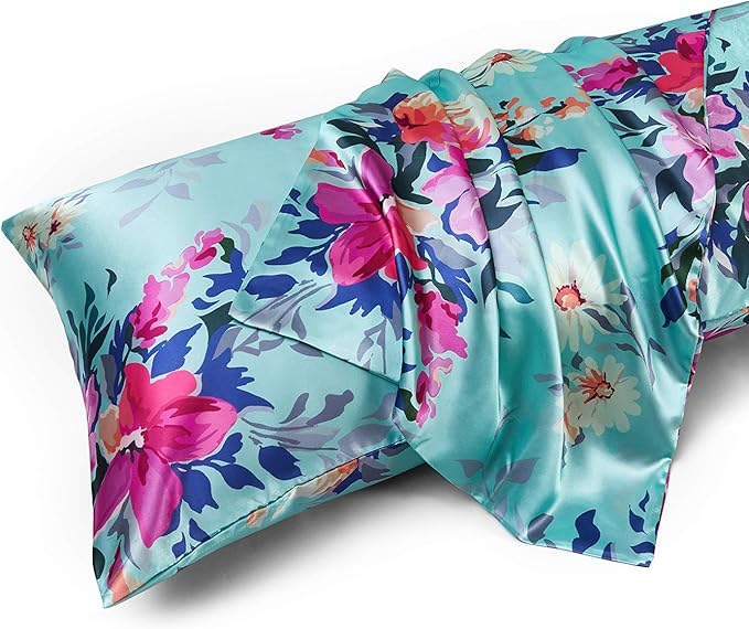 MR&HM Satin Body Pillow Cover, Soft and Breathable Body Pillow Case with Envelope Closure, Cooling and Silky Long Pillowcase for Hair and Skin,Grey (20x54, Vintage Floral)