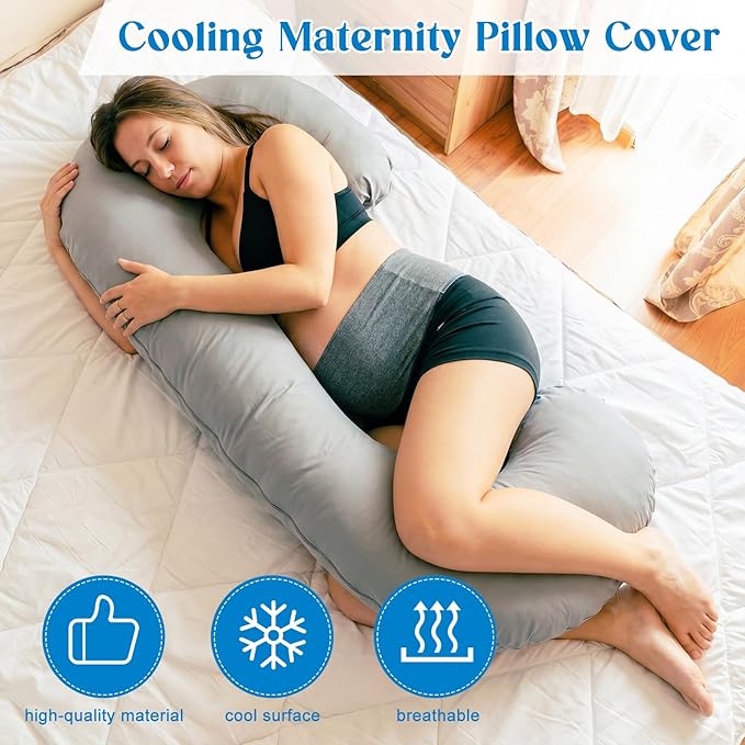 Hahafelt Cooling Pregnancy Pillow Cover (Only Pillowcase) 59 Inch Large C Shaped Full Body Pillowcase Maternity Stretchy Soft Breathable Cool Pillow Cover with Zipper for Side Sleeper (Gray)