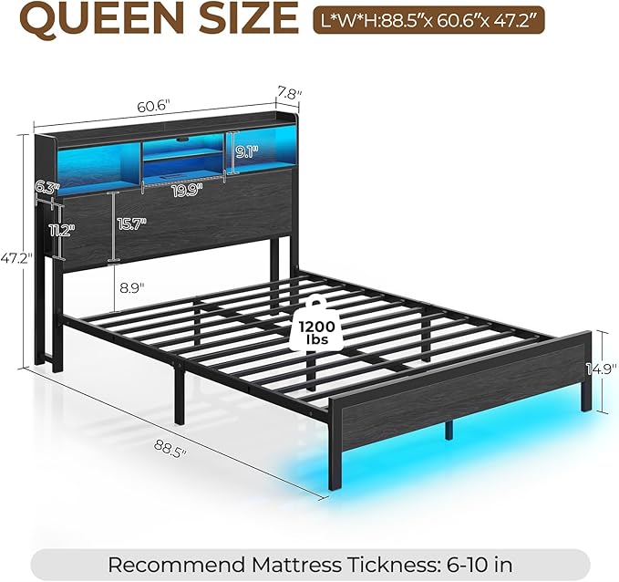 Rolanstar Queen Bed Frame with Storage Headboard & Side Shelf, Metal Platform Bed with Charging Station, LED Bed Frame, Easy Assembly, Noise-Free, Black