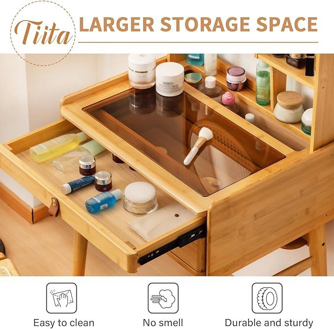 Tiita Vanity Desk, Makeup Vanity Table with Mirror, Dressing Table with 2 Drawers,Modern Wood Bedroom Vanity Vintage Dressing Table for Women Girls, Wood