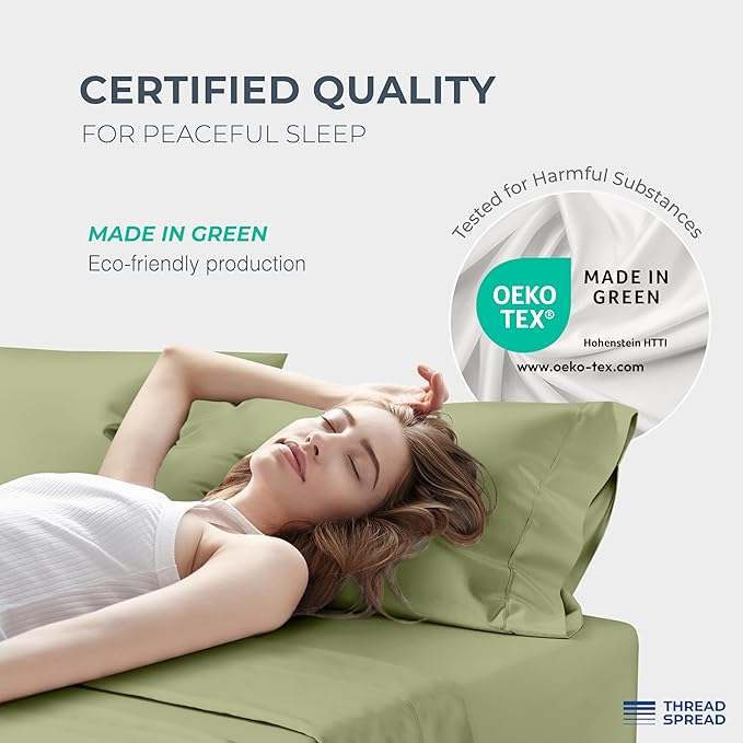 THREAD SPREAD 100% Egyptian Cotton King Size Sheets Set - Luxury 1500 Series Egyptian Cotton Sheets King Size (4 PC, Sage Green), Silky Soft, Sateen, Cooling & Breathable, 17" Deep Pocket Bed Set