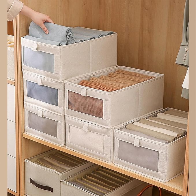 Pradnel Linen Closet Organizers And Storage, 4 Pack Storage Bins Baskets for Organization Foldable Organizer with Clear Window Organizing Clothing, Jeans, Shelves