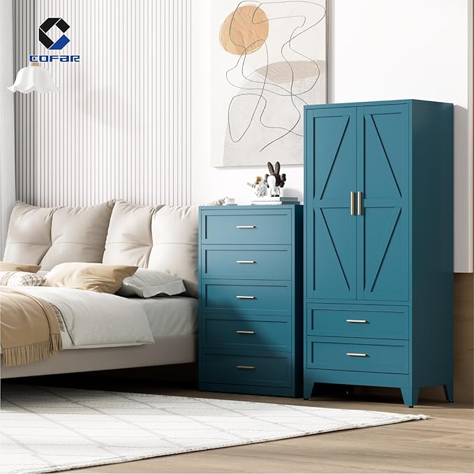 COFaR Metal Armoire Wardrobe Closet with Drawers, 71'' Tall Farmhouse Bedroom Armoires with Doors, Freestanding Steel Wardrobe Cabinet Coat Closet for Bedroom Home Office Garage, Peacock Blue