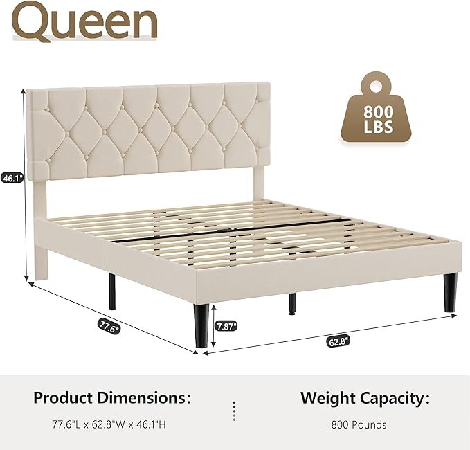 VECELO Queen Bed Frame with Button Tufted Headboard, Upholstered Platform with Wooden Slat Support, No Box Spring Needed, Dark Beige
