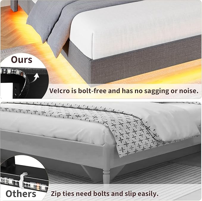Garvee Full Size Floating Bed Frame with RGB LED Lights and Charging Station, Upholstered Platform Bed with Storage Headboard and Button Tufted Design, No Box Spring Needed, Grey