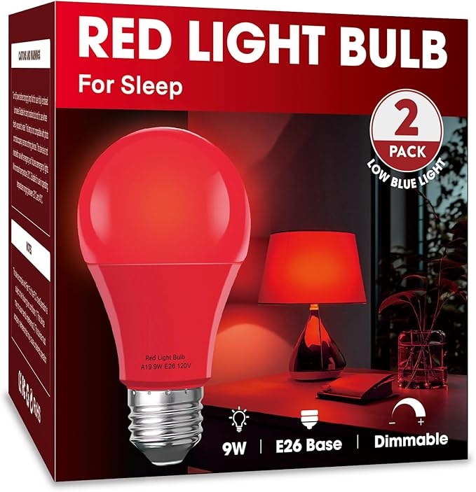 Red Sleep Light Bulb 2 Pack，Red Light Bulbs for Healthy Sleep,Blue Light Blocking,A19 9W(60W Equivalent) E26 Base Night Light for Bedroom, Baby Nursery Room