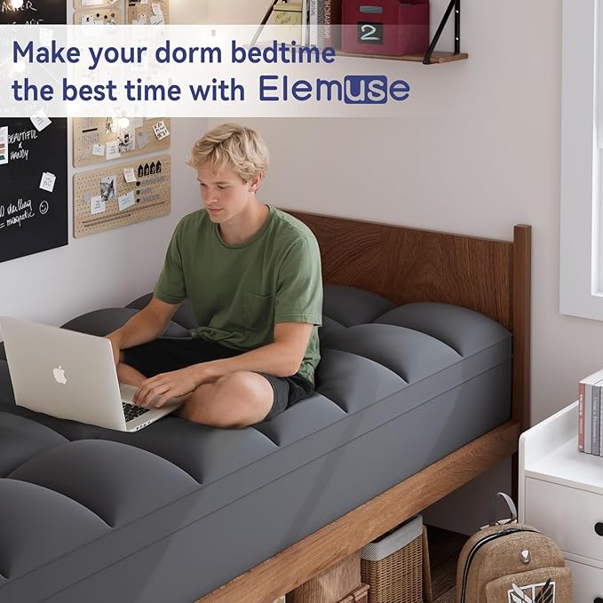 ELEMUSE Twin XL Grey Mattress Topper for Dorm Bed, College Dorm Room Essentials for Girls&Guys, Soft Comfortable Bed Upgrade for Back to School, Apartment&Rental Use