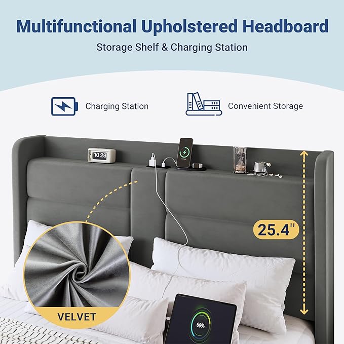 Allewie Full Size Platform Bed Frame with Charging Station & Storage Headboard, Upholstered Velvet Wingback Design & USB Port, Strong Wooden Slats Support, No Box Spring Needed, Easy Assembly, Grey
