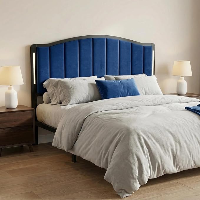 Headboard for Queen Size Bed with LED Lights, Upholstered Vertical Channel Tufting Head Boards, Velvet Headboard Only, Attach Frame, Ideal for Bedroom, Dorm, Guest Room, Blue
