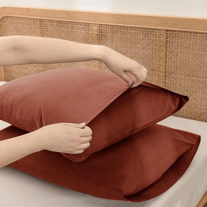 BESTOUCH 100% Washed Cotton Pillowcase for Hair and Skin Linen Feel Soft Comfortable Breathable 2 Set Pillow Case with Envelope Closure Solid Crimson Red King 20x36 Inches