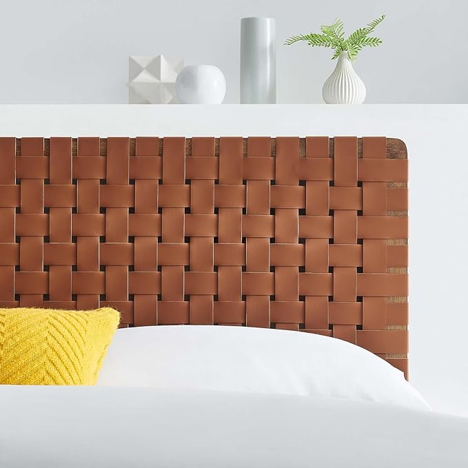 Modway Sparta Vegan Leather Weave Full Headboard in Walnut Brown Faux Leather Full Headboard Only, Height Adjustable Headboard, Freestanding Headboard for Teenager's Bedroom