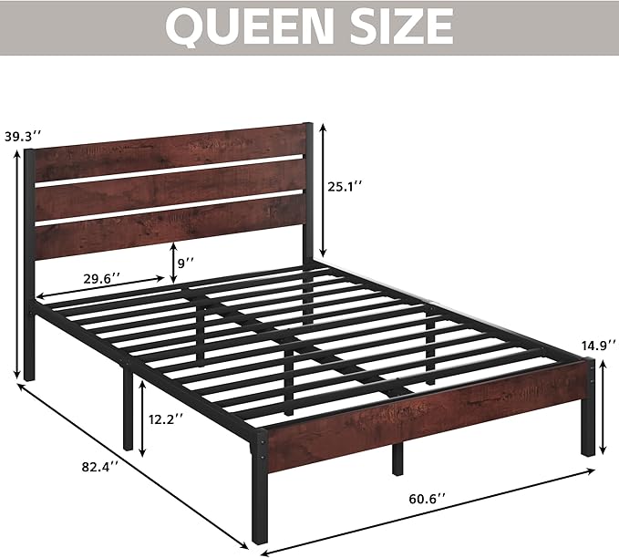Fluest Queen Bed Frame with Headboard and Footboard, with Under Bed Storage, All-Metal Support System, No Box Spring Needed, Easy Assembly, Red Brown