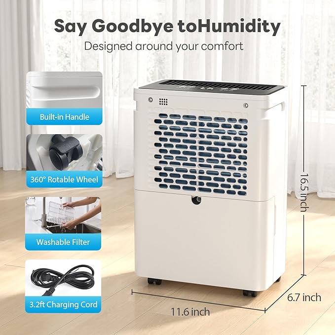 FreAire 2500Sq.Ft Dehumidifier, 34Pint Dehumidifiers for Home, Quiet Dehumidifier for Basement, Bedroom, Bathroom, with 6.56FT Drain Hose, 0.53Gal Water Tank, 3-Color Humidity Light