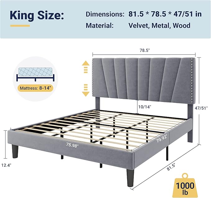 Allewie King Size Bed Frame with Adjustable Velvet Upholstered Headboard, Rivet-Style Nailhead Trim Detail Platform Bed Frame, Wooden Slat Support, No Box Spring Needed, Easy Assembly, Grey