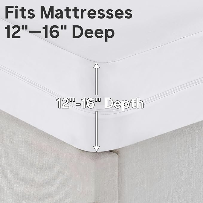 Twin XL Mattress Protector Waterproof (12”-16”Depth) – Premium Zippered Mattress Encasement Bed Cover, Noiseless Breathable Machine Washable Six-Sided Mattress Cover for Bed, White