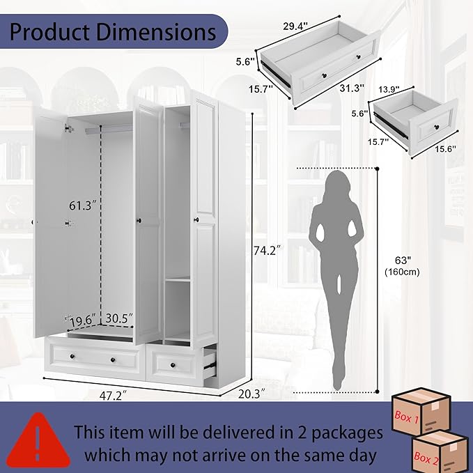 Armoire Wardrobe Closet with Drawers: 74" White Wardrobe Close with 3 Doors, Tall Armoire with Hanging Rod, Large Wood Clothes Cabinet for Bedroom (White, 47")