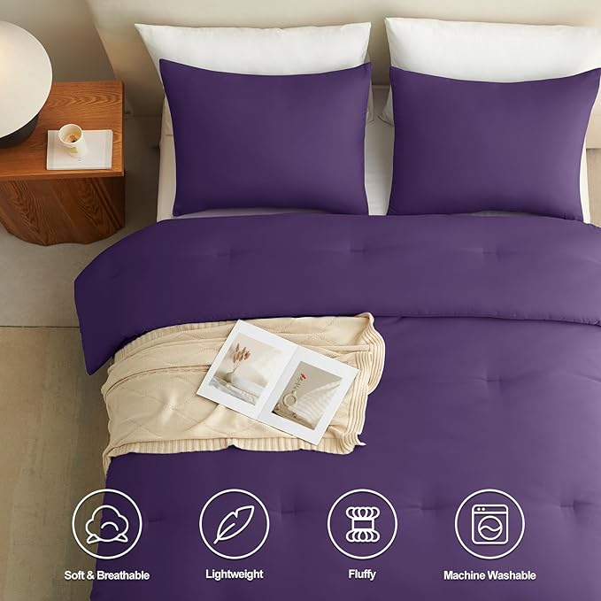 CozyLux Full Size Comforter Set Purple, 3 Pieces Solid Breathable Quilted Bedding Sets, Luxury Lightweight Soft Bed Set with Down Alternative Comforter and 2 Pillowcases for All Seasons