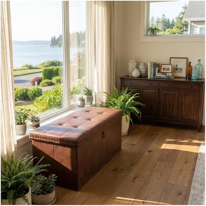 Storage Ottoman, Ottoman Faux Leather Bench, Rectangular Storage Ottoman for Bedroom End of Bed,Combination of Button Suede Rivet Design Ottoman with Storage 32.28" L x 15.75" W x 15.75" H