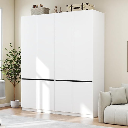White Armoire Wardrobe Closet: 74" Large Wardrobe Closet with 4 Doors, Wood Closets Cabinet for Hanging Clothes, Freestanding Bedroom Armoires (63 in-4 Doors)