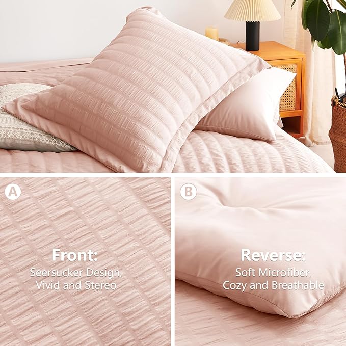 CozyLux Full Size Comforter Sets with Sheets 7 Pieces, Blush Pink Seersucker Bed in a Bag Textured Luxury Soft Bedding Sets with Down Alternative Comforter, Sheets, Pillowcases & Shams for All Seasons