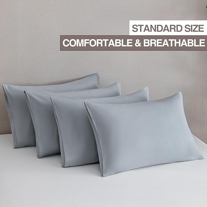 MINIPANDA Light Grey Pillowcases Set of 4 Standard Size- Gray Pillow Cases Super Soft, Smooth and Breathable - Envelope Design - Machine Washable Lightweight (20X26 Inches (4 PIECE))