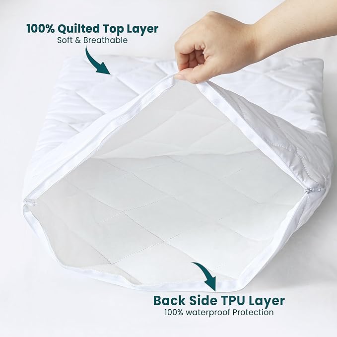 COTTONPASSION Quilted Waterproof Pillow Protectors, Queen Size Pack of 2 Zippered Pillowcases, Breathable Protective Pillow Encasement Covers 20 x 28 Inches