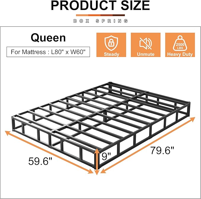 EMODA 9 Inch Queen Box Spring Bed Base, 3000 LBS Heavy Duty Metal Mattress Foundation with Fabric Cover, Easy Assembly