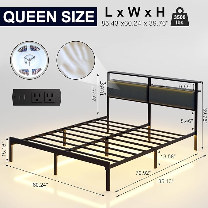 J.Fkne Queen Bed Frame with LED Lights & Charging Station, Metal Platform Bed Frame with 2 Tier Storage Headboard, Under Bed Storage, No Box Spring Needed, Noise Free, Easy Assembly