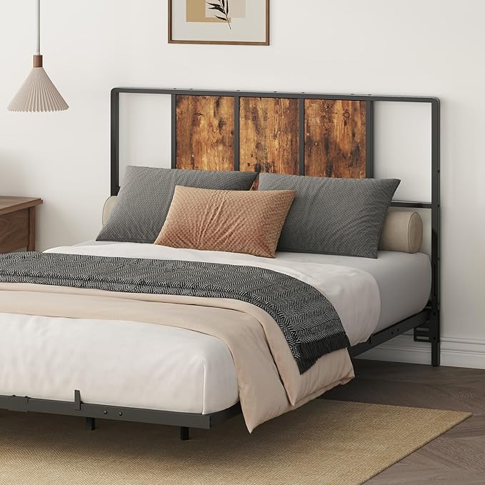 MAHANCRIS Full Size Headboard Only, Metal Headboard with Adapters, Minimalist Industrial Style for Full Size Beds, Rustic Brown and Black