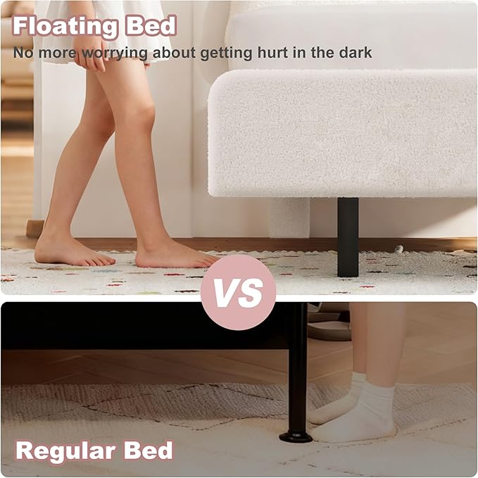 Cookie Twin Upholstered Bed Frame with LED Lights, Floating Bed Frames with Adjustable Headboard and Raised Footboard for Princess/Prince Bedroom, Teddy Velvet（White） | Cookie Bed Frame