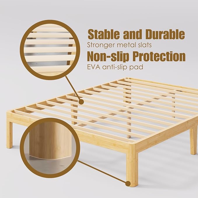 12 Inch High Bamboo Wood Full Size Bed Frame Platform, Metal Slat Support Bed Frame Full Size, No Box Spring Needed, Easy Assembly, Noise Free, Reinforced