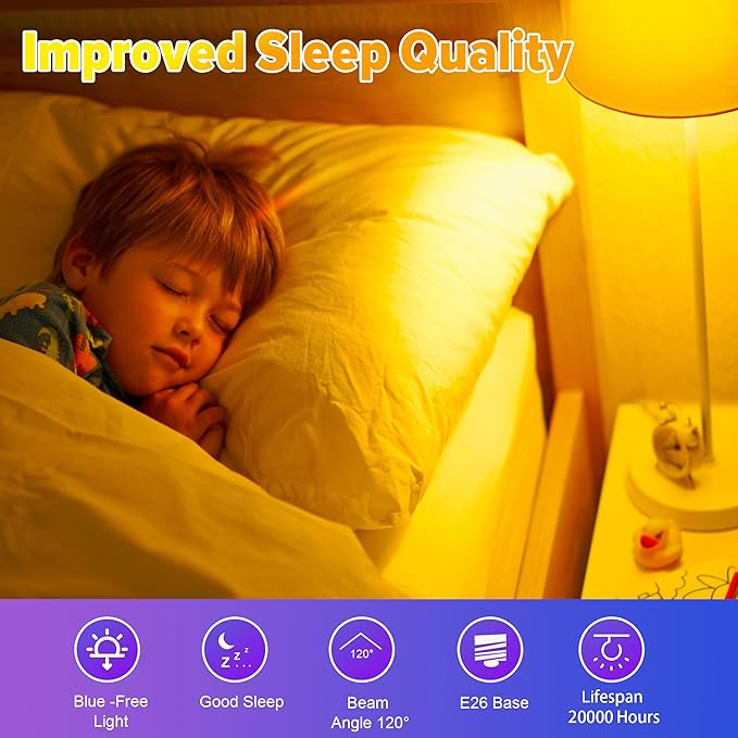 Amber Sleep Light Bulbs, Blue Light Blocking, A19 3W(40 Watt Equivalent) Dim Light Bulbs for Lamp, 1800K Warm Light Bulb, E26 for Healthy Sleep, Bedroom, Kids Room, 2 Pack