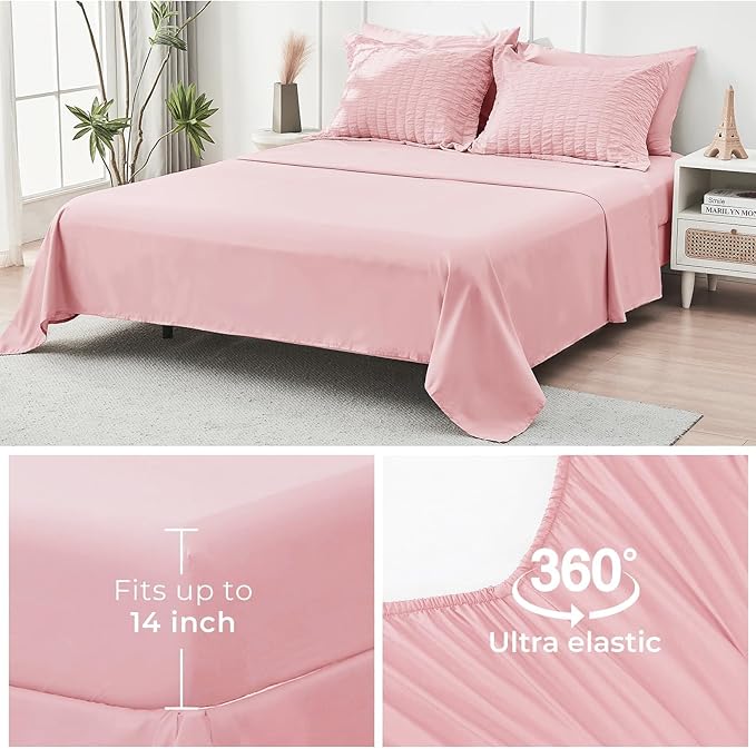 HYMOKEGE Pink King Size Comforter Set Seersucker 7 Pieces, All Season Luxury Bed in a Bag for Bedroom, Bedding Set with Comforters, Sheets, Pillowcases & Shams