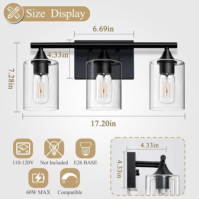 Bathroom Lighting Fixtures Over Mirror,3-Light Black Bathroom Vanity Light,Sconces Wall Lighting with Clear Glass Shade,Light Fixture for Bedroom Living Room Vanity Table Hallway