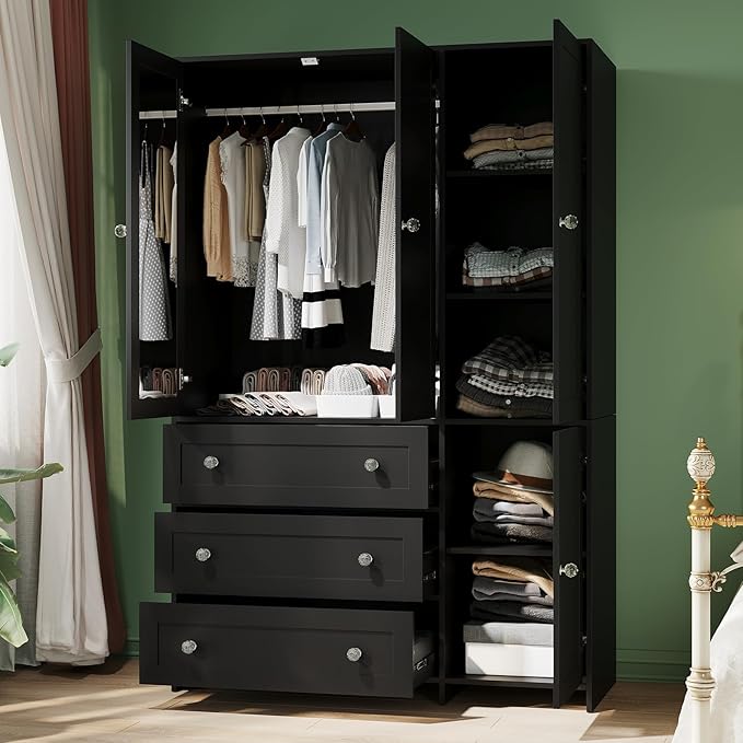 VOWNER Armoire Wardrobe Closet with Drawers and Mirror, 71" Clothing Storage Cabinet with Hanging Rod, 4 Doors Wooden Wardrobe Cabinet for Bedroom, Large Capacity Storage