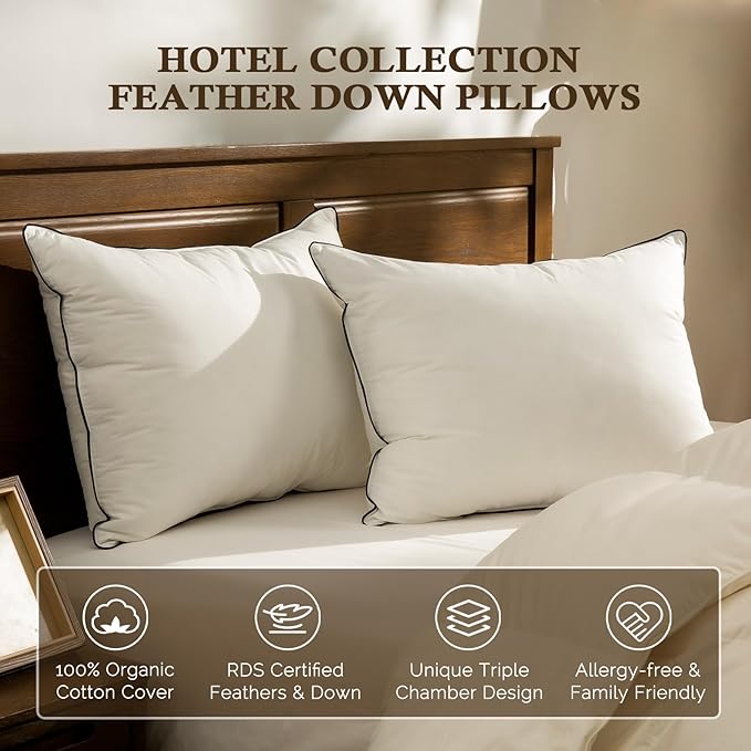 BPC Goose Feather Down Pillows Queen Size Set of 2, Luxury Hotel Pillows with 100% Organic Cotton Cover, Bed Pillow for Medium Firm Support & Cloud-Like Comfort, 20"x30"