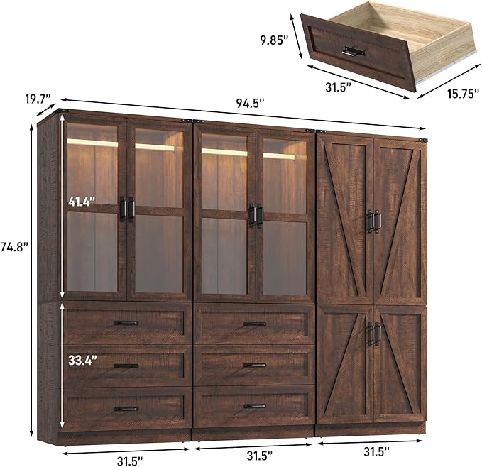 Hlivelood 75" Tall Farmhouse 6 Doors Armoire Wardrobe Closet with 6 Drawers and LED,Freestanding Closet Wardrobe Cabinet for Bedroom with Hanging Rod,Wooden Armoire Storage Cabinet(Brown 6 Doors 2)