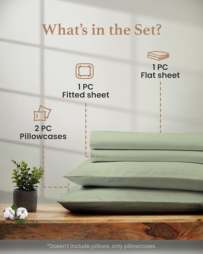 4 Pc Sage Twin Sheet Set for Twin Mattress, Egyptian Cotton Twin Bed Sheets for Twin Size Bed, Soft Breathable 16 Inch Deep Pocket Twin Bed Set - 1 Fitted Sheet, 1 Flat Sheet & 2 Pillow Case
