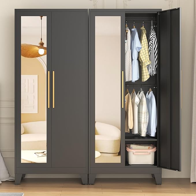 72" Tall Metal Armoire Wardrobe Closet - Large Clothing Storage Cabinet with Mirror Doors, 2 Hanging Rod & Adjustable Shelve - Closet Organizer for Bedroom, Office, Laundry Room, Garage - Black