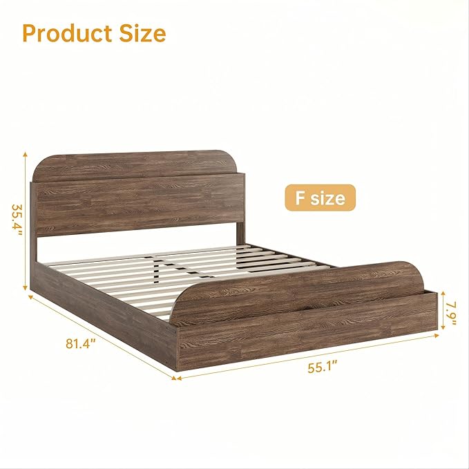 Garvee Full Size Bed Frame with Storage Headboard and Raised Footboard – Wooden Full-Floor Low Platform Bed for Bedroom, Heavy Duty & Noise Free, No Box Spring Needed, Walnut
