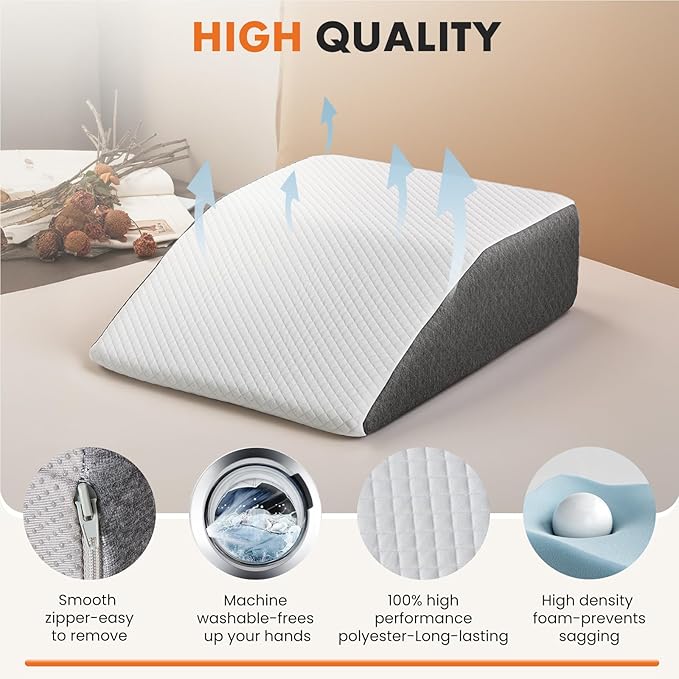 Sweetcrispy 7 Inch Wedge Pillow, Body Pillow for Snoring, Sleep Apnea, Neck Pain Relief, Post Surgery, Sleeping Comfort, White & Gray