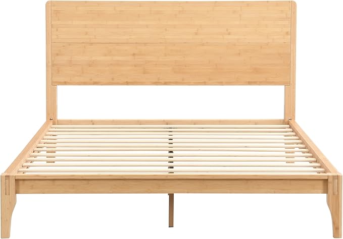 12 Inch Bamboo Queen Bed Frame, Platform Bed Frame with Headboard, Mid-Century Modern Bed Frames Wood Foundation Beds with Slats Metal Support, No Box Spring Needed, Easy Assembly, Natural