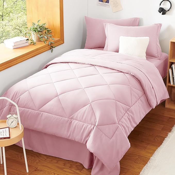 CozyLux Twin XL Comforter Set Pink - 5 Pieces Twin Extra Long Bed in a Bag for College Dorm, All Season Bedding Set for Girls and Boys, Soft Bed Set with Comforter, Sheets, Pillowcase & Sham
