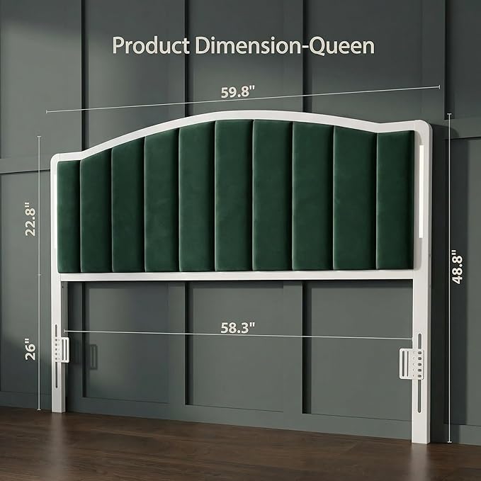 Headboard for Queen Size Bed with LED Lights, Upholstered Vertical Channel Tufting Head Boards, Velvet Headboard Only, Attach Frame, Ideal for Bedroom, Dorm, Guest Room, Green