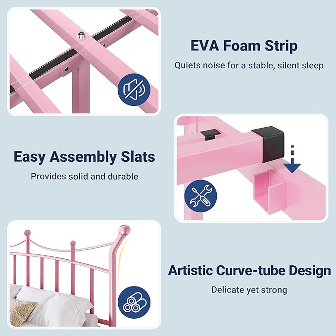 Allewie 14 Inches Full Size Metal Platform Bed Frame with Elegant Crown Iron-Art Headboard & Footboard, Sturdy Mattress Foundation with Under-Bed Storage, Easy Assembly, No Box Spring Needed, Pink