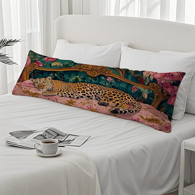 Vintage Leopard Floral 20x54 Body Pillow Cover, Cheetah Room Decor, Trendy Retro Sleepy Leopard Pink Flowers Decorative Long Body Pillow Cases for Bed Couch